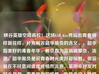 峡谷英雄空降高校！这场LOL Cos秀玩出青春别样新花样，补充解答韶华易负的含义，，韶华指美好的青春年华，易负意为容易被辜负、流逝。韶华易负是说青春时光美好却短暂，很容易在不经意间虚度或悄然流逝，常用来抒发对时光匆匆、青春易逝的感慨，也暗含劝人珍惜年少时光的意味。
