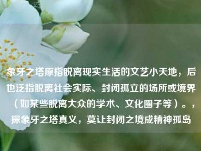 象牙之塔原指脱离现实生活的文艺小天地，后也泛指脱离社会实际、封闭孤立的场所或境界（如某些脱离大众的学术、文化圈子等）。，探象牙之塔真义，莫让封闭之境成精神孤岛